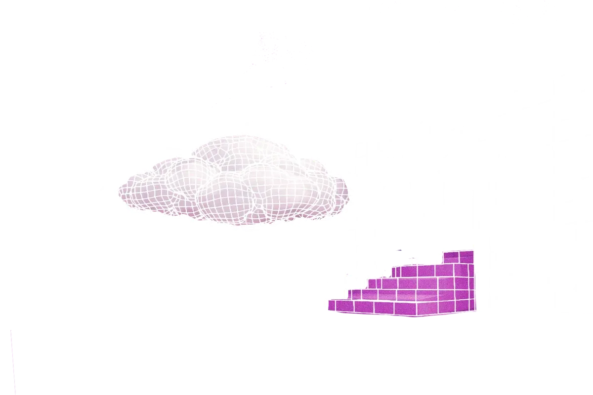 Wireframe cloud dissolving beside a lit archway