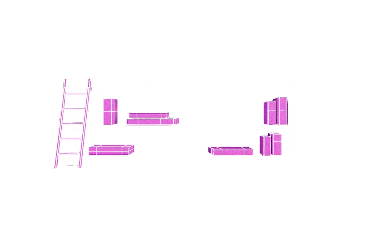 Wireframe shelving stacked with magenta boxes, a ladder leaning against it