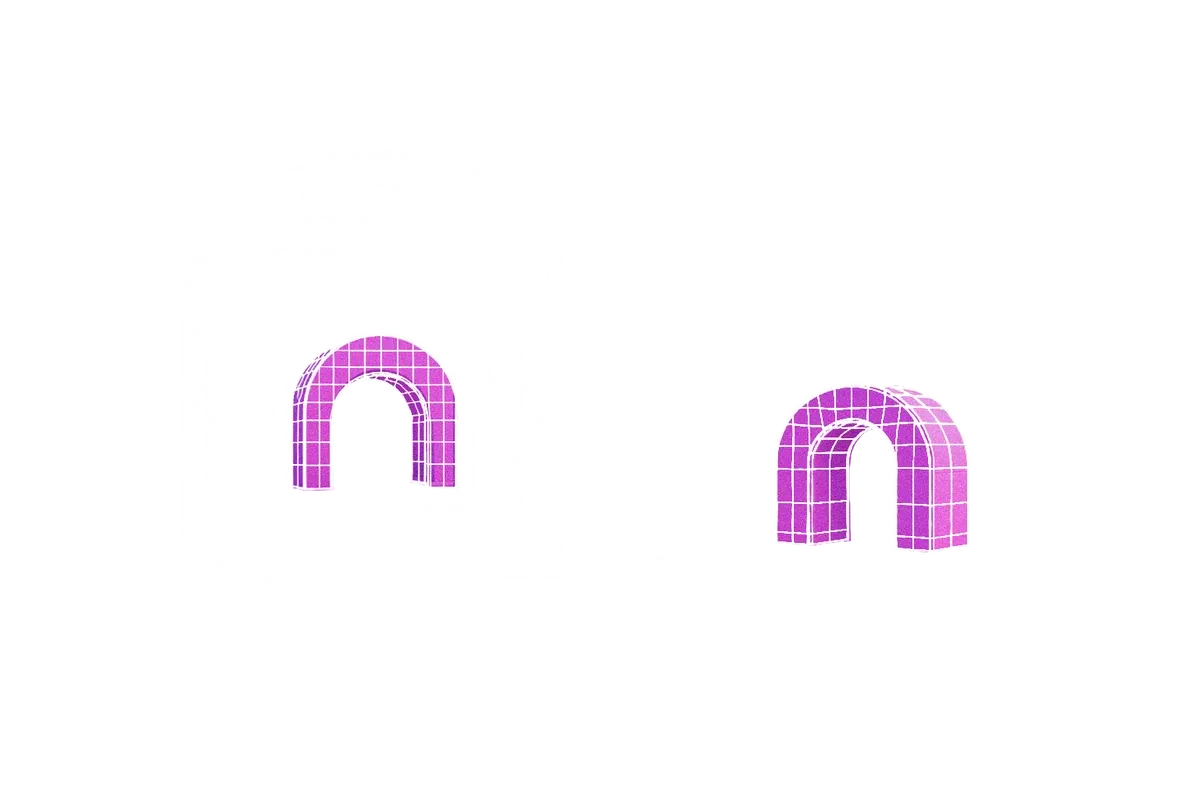 Nested wireframe archways opening onto a magenta portal