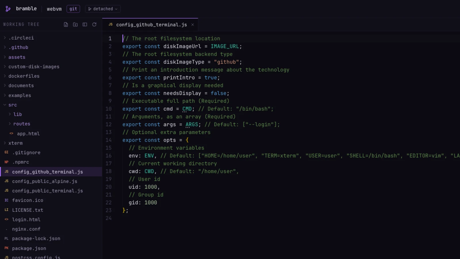 Bramble, a browser repo explorer with a file tree and Monaco editor running on BrowserPod